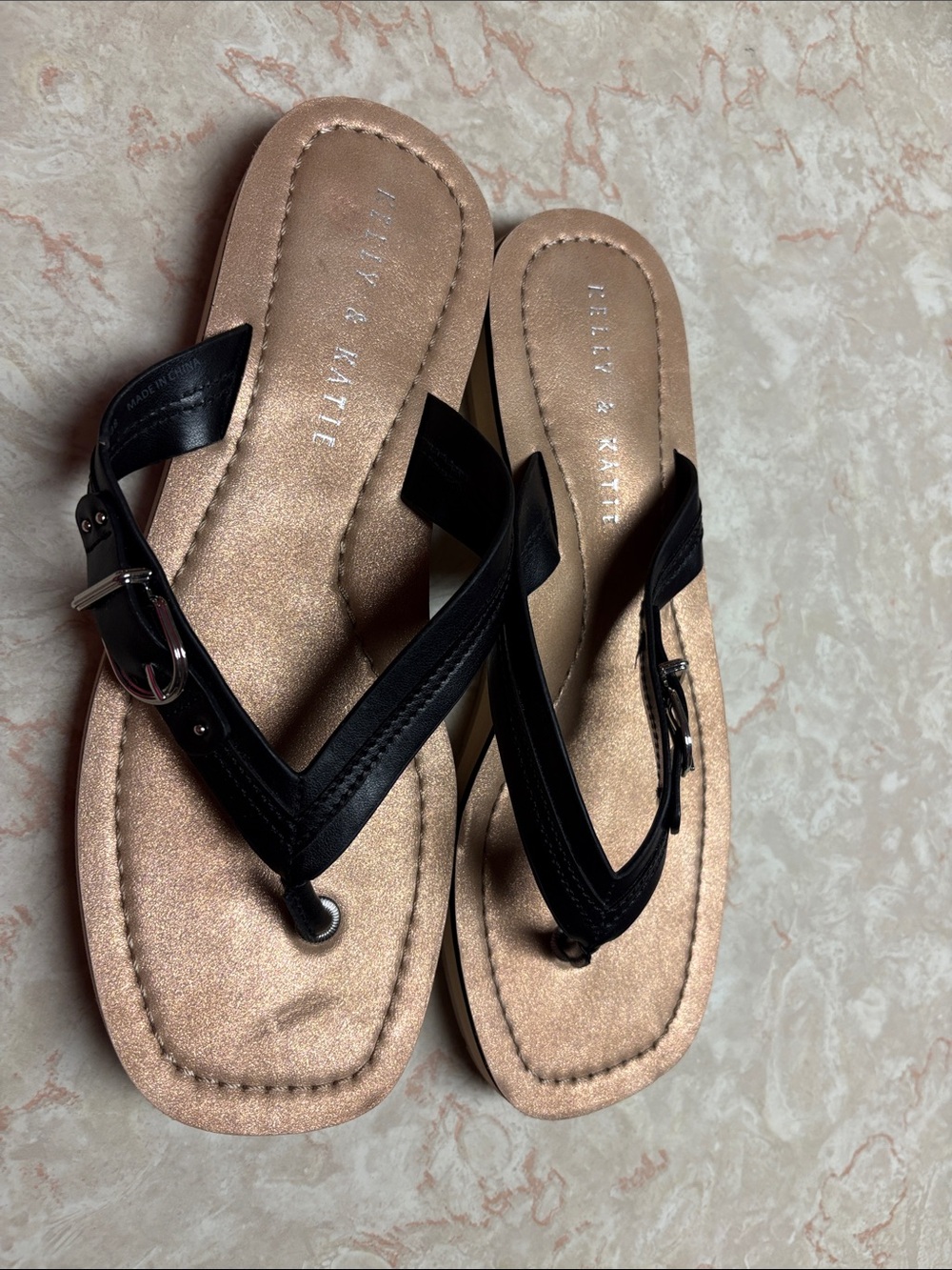 Kelly & Katie Black Thong Sandals with Shimmery Tan Footbed